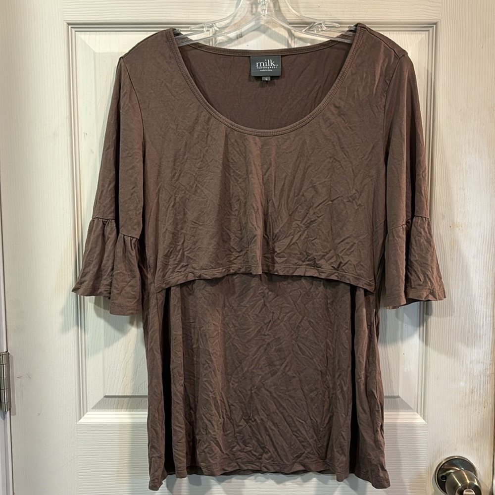 Milk Nursingwear Ruffle Sleeve Top Taupe Brown size Large